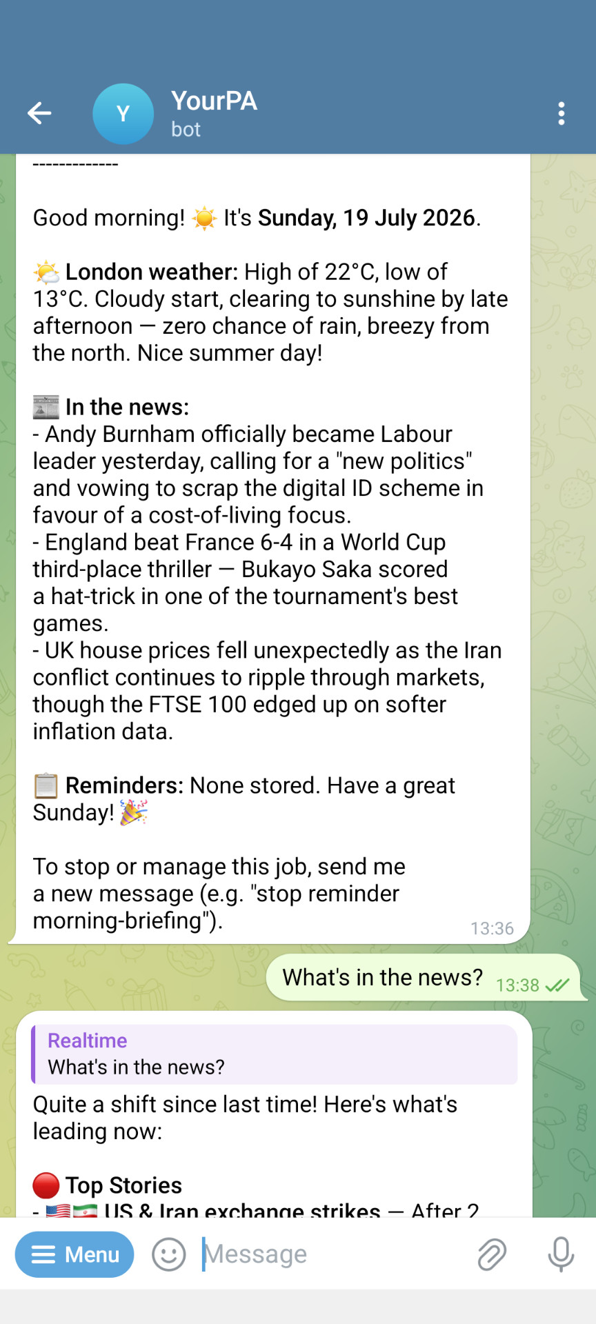Your.PA morning briefing with weather, news and reminders inside Telegram