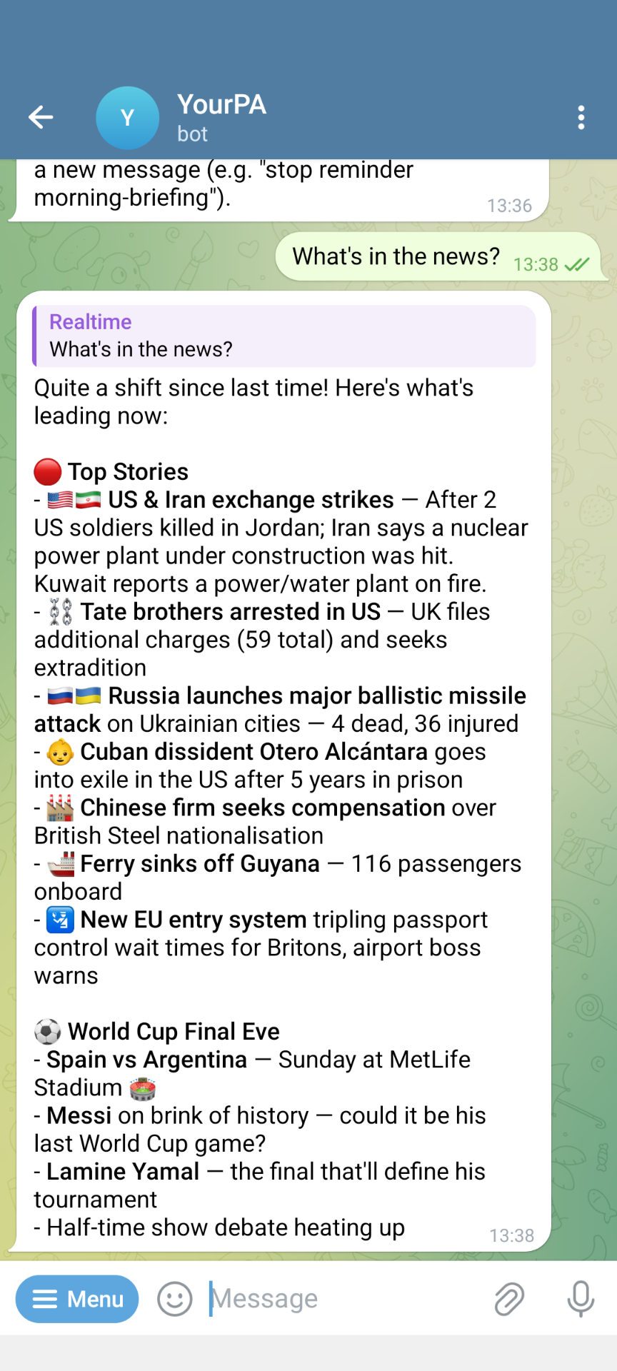 Your.PA answering 'What's in the news?' inside Telegram